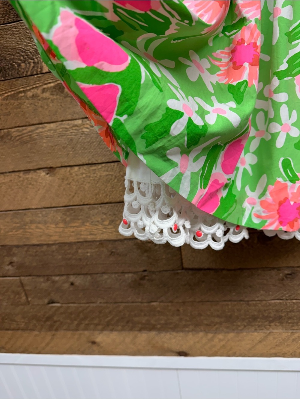 Lilly Pulitzer Floral Cutout Back Dress White Lace Trim Green Pink Sundress - Picture 5 of 9